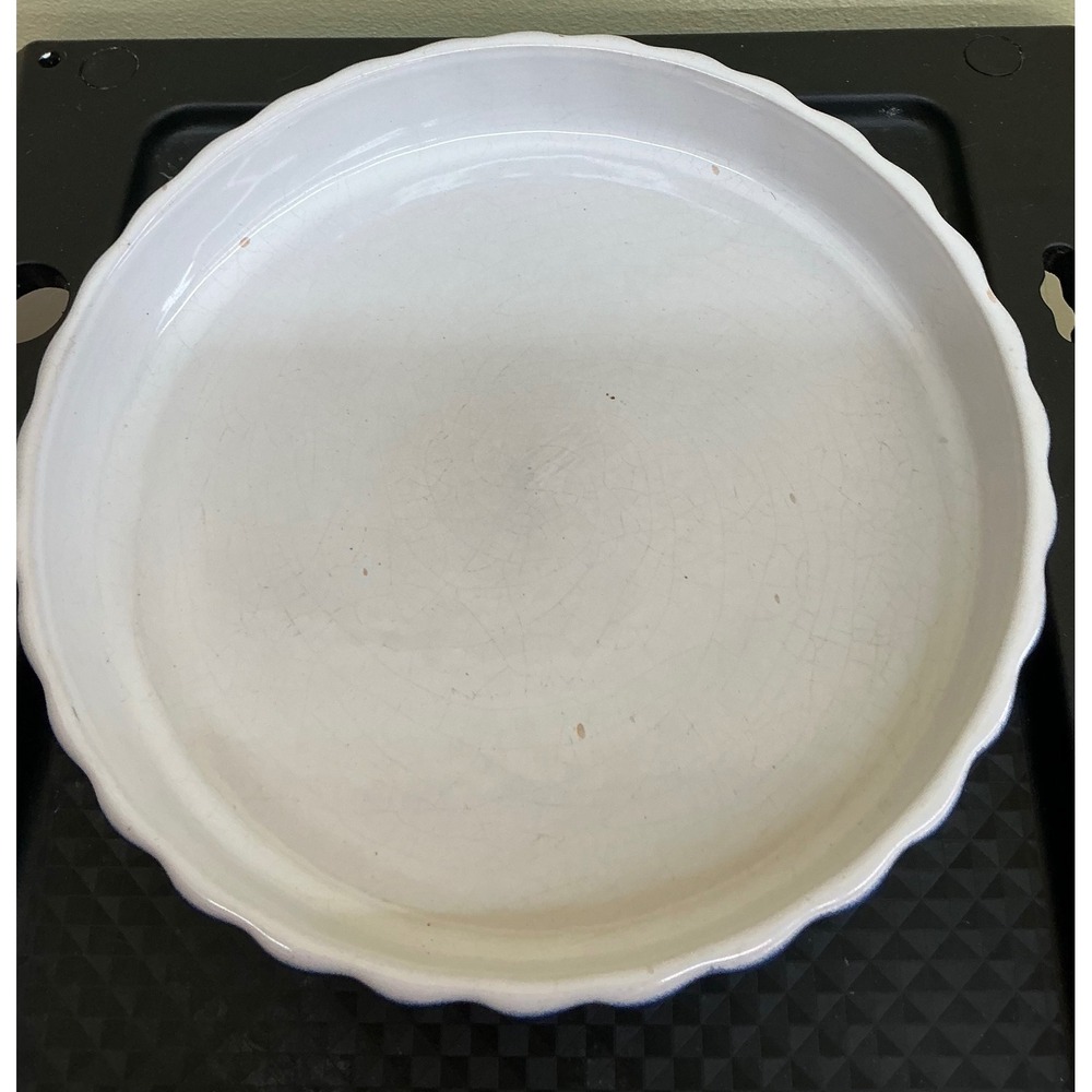 Vintage Blue White Ceramic Fluted Pie Souffle Dish 9.5 Inch Round Baker Brazil